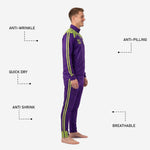 Close detail of Lime Green geometric crystal-burst shoulder print on custom purple soccer tracksuit jacket
