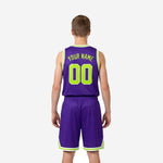 Size and specification sheet for custom purple and lime green youth basketball uniforms available in full youth sizes
