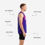 Size and specification chart for purple and magenta custom pink basketball jerseys showing youth and adult sizing options