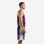 Left side view of purple and neon green storm-print basketball uniform set with white side panel insert