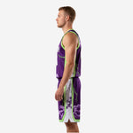 Right side view of sublimated purple basketball uniform showing cloud graphic on shorts hem and neon green side stripe