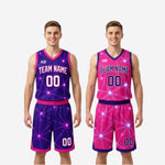Close-up detail of purple and pink geometric starburst sublimation print on reversible basketball jersey showing color saturation and line definition