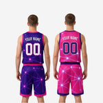 Size and specification sheet for purple and pink sublimated reversible basketball uniforms showing youth and adult sizing run and print zone dimensions