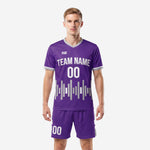 Front view of Royal Purple and Silver custom futbol uniform with waveform graphic and team name