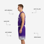 Back view of the purple reversible basketball uniform showing player name above back number and hexagon shoulder pattern on the sleeveless jersey