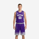 Custom reversible basketball uniforms with numbers in purple with white hexagon pattern, team name arc, and matching gradient shorts - front view