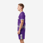 Right side view of custom Purple soccer kit with Silver waveform pattern on jersey and shorts