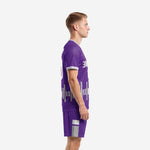 Left side view of Purple Silver sublimated soccer uniform kit showing sleeve and shorts detail