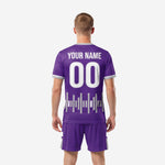 Full Royal Purple soccer uniform set with custom team name and player number on jersey and shorts