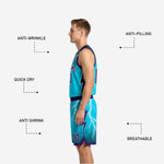 Close-up detail of the matching shorts showing lightning bolt sublimation, teal-cyan hem binding, and front number on the purple side