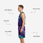 Back view of purple sublimated reversible basketball jersey with back number and player name print zones