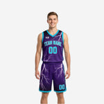 Custom purple and white reversible basketball uniforms with teal lightning bolt pattern, showing front and back of the full 2-piece set