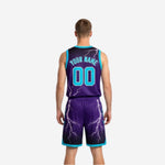 Side view of purple reversible basketball jersey showing teal-cyan armhole binding and lightning bolt graphic down the body
