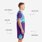Purple soccer shorts with teal crystal graphic detail from custom sublimated soccer kit