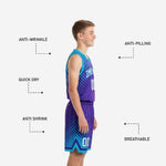 Size and spec sheet for custom purple and teal youth basketball uniforms showing available youth sizes and measurements