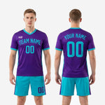 Full 2-piece custom purple and turquoise soccer uniform kit, jersey and shorts, made to order for teams