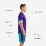 Turquoise soccer shorts with Royal Purple side stripe and player number, part of custom purple soccer uniforms set
