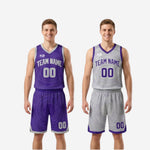 Close detail of purple reversible basketball jersey V-neck collar and silver-white contrast armhole binding