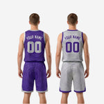Custom purple basketball shorts with concentric ring pattern elastic waistband drawcord and silver-white hem trim