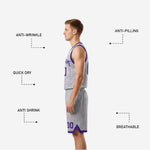 Purple and white reversible basketball uniform size and spec sheet for youth and adult roster sizing