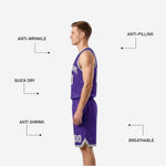 Custom purple and white reversible basketball uniform back view showing player name and number placement
