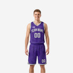Purple and white reversible basketball uniforms front and back showing concentric ring pattern and silver trim on both sides