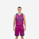 Front view of custom purple and white reversible basketball uniform with arched team name, front number 00, and V-neck collar