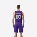 Purple reversible basketball jersey side view showing armhole binding and concentric ring sublimation pattern
