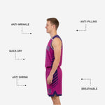Size and specification sheet for purple and white reversible basketball uniform set covering youth and adult sizing