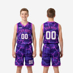 Size and specification sheet for custom purple youth basketball uniform set in youth sizes