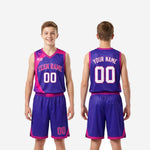 Youth basketball uniform size and specification sheet for purple and pink custom sublimated set