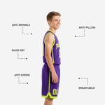 Purple youth basketball uniforms back view with player name and back number printed in white and lime green on fully sublimated jersey