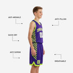 Back view of custom purple youth basketball uniforms showing player name and back number in neon green and white