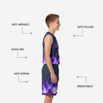 Back view of custom purple youth basketball uniforms showing back number and player name print zones