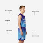 Back view of purple youth basketball uniforms showing back number placement on the gradient sublimated jersey
