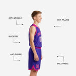 Back view of purple youth basketball uniform showing back number placement and pink side panel detail