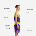 Back view of purple and lime green youth basketball uniform showing back number placement on matching two-piece set