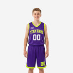 Purple youth basketball uniforms front and back showing lime green V-neck binding arced team name and matching sublimated shorts with leg number