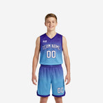 Purple and sky blue gradient custom youth basketball uniforms front and back view showing arched team name and player numbers