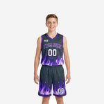 Custom purple youth basketball uniforms charcoal and purple flame sublimation full set front and back view