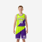 Purple and lime green custom youth basketball uniforms front view showing diagonal split jersey and matching shorts with team name and number 00