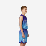 Front view of purple youth basketball uniforms with sky blue gradient fade and white arched team name on the jersey chest