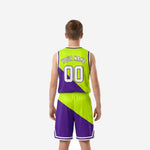Opposite side view of custom printed purple youth basketball uniform showing shorts hem trim and jersey side panel detail