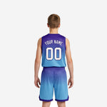 Opposite side view of gradient purple youth basketball uniform set with drawcord shorts and side split hem detail