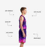 Back view of custom purple youth basketball uniform showing back name and number placement on deep purple field
