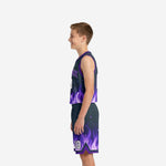 Side view of purple and charcoal flame youth basketball uniform set showing armhole binding and shorts hem trim