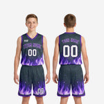 Size and spec sheet for custom purple youth basketball uniforms in full youth size run