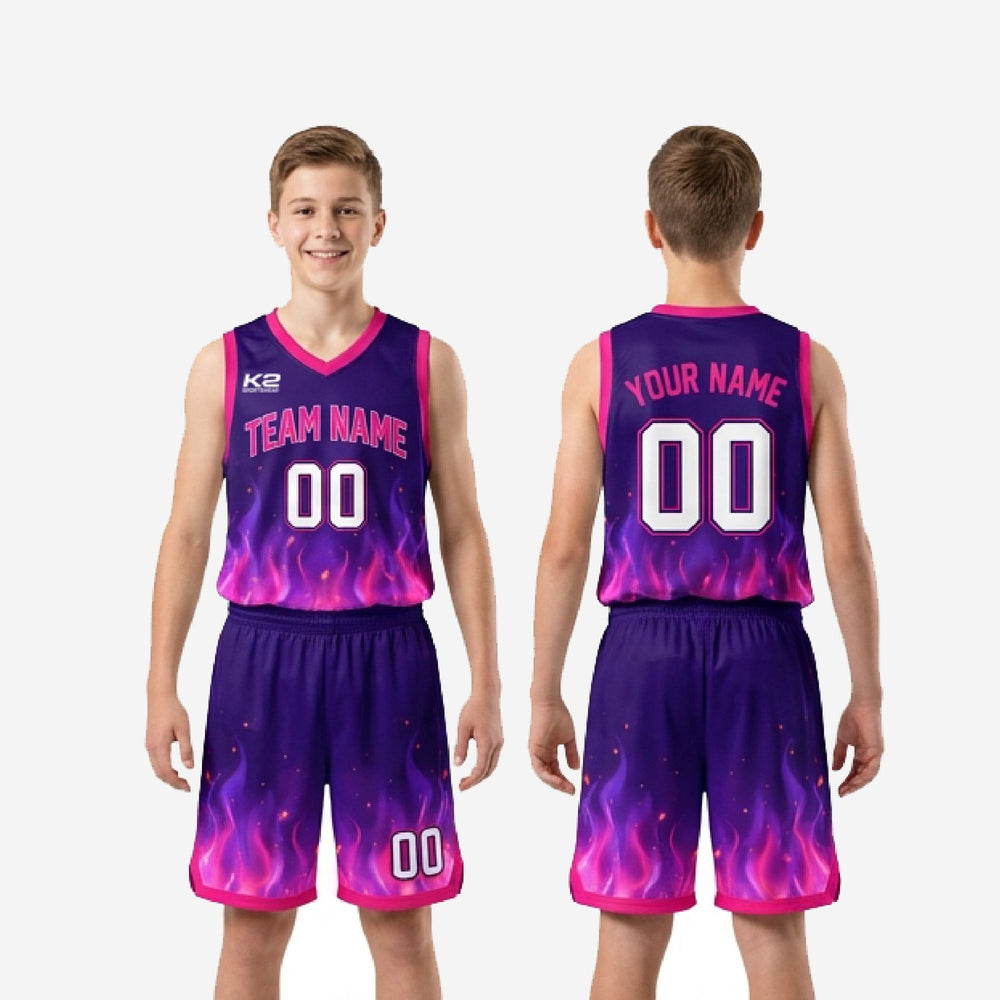 Custom Purple Youth Basketball Uniforms - Pink Flame Sets