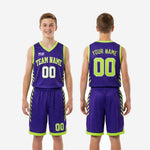 Youth basketball uniform size and specification sheet for purple and neon green custom team set
