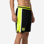 Custom rec league basketball shorts in black and neon yellow with white side stripe and player number 00 on the front leg, front and back view